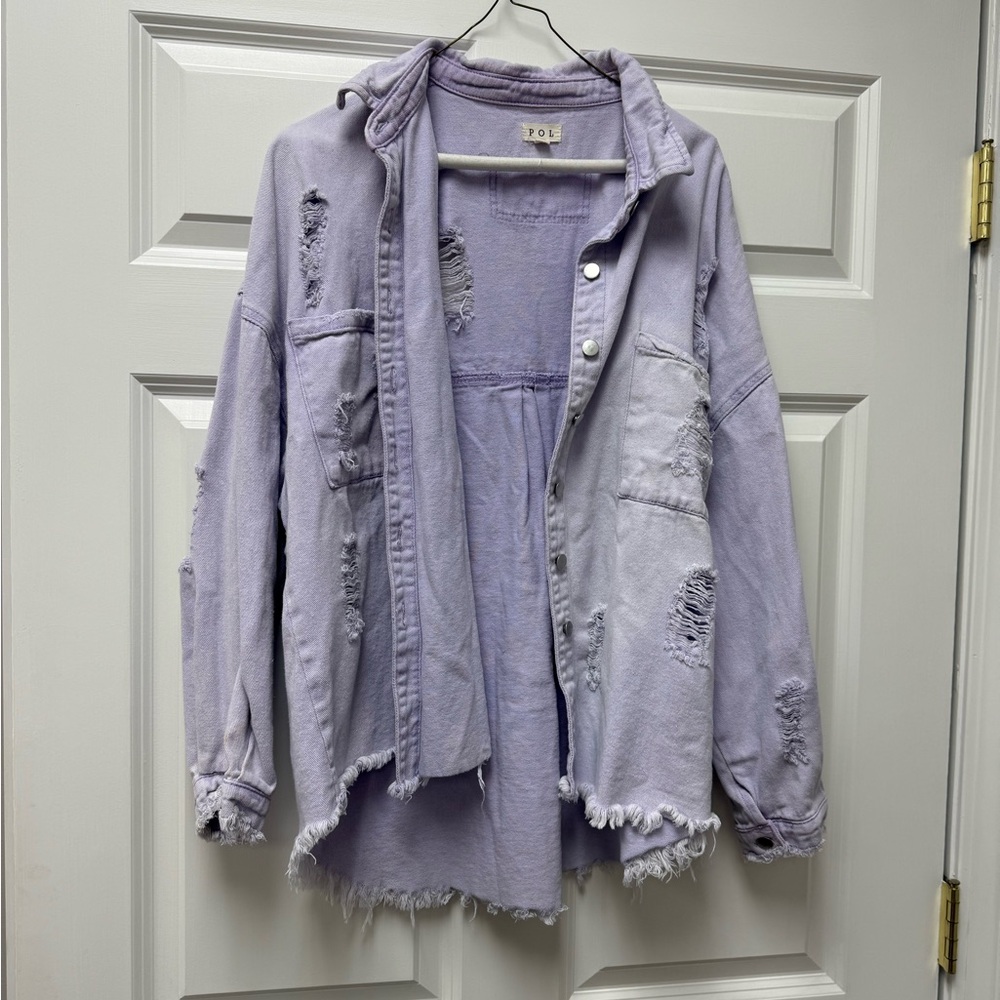 Light purple denim distressed jacket